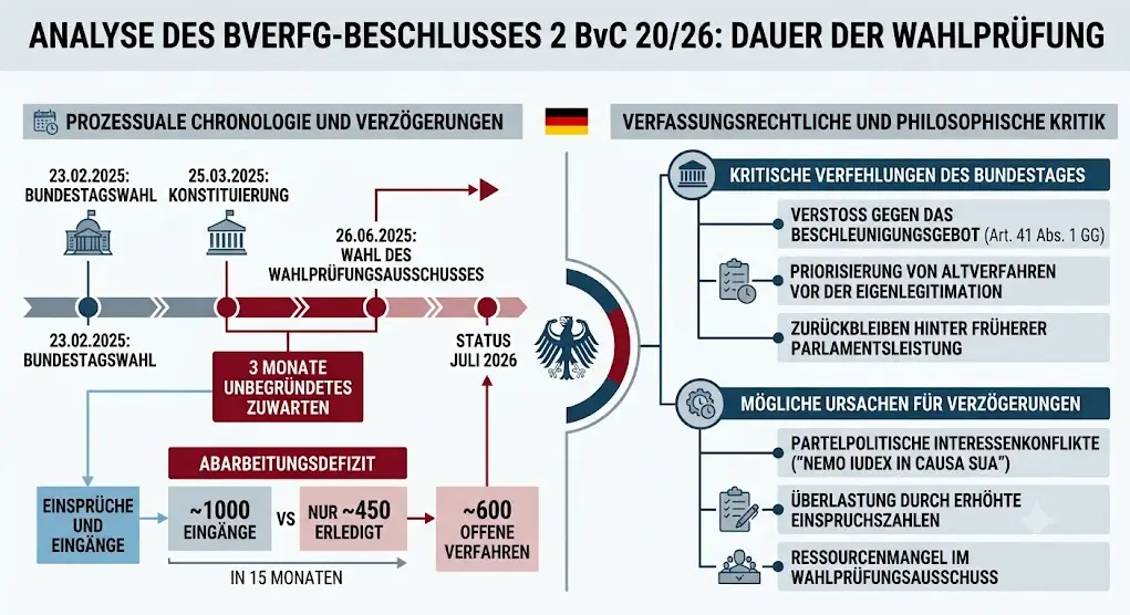 Verfassungsprozessuale Chronologie und Ursachenanalyse der Verzögerung der Wahlprüfung (BVerfG 2 BvC 20/26): Die Infografik veranschaulicht das zeitliche Zuwarten des 21. Deutschen Bundestages bei der Wahl des Wahlprüfungsausschusses, das Erledigungsdefizit bei den Wahleinsprüchen sowie die verfassungsrechtlichen Kritikpunkte des Bundesverfassungsgerichts bezüglich der Sicherung der parlamentarischen Legitimation gemäß Art. 41 Abs. 1 Satz 1 GG. Grafik und Visualisierung: Marc Sommer